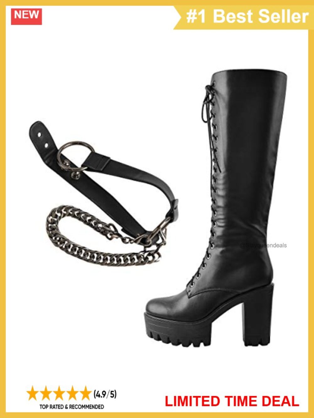 Platform Knee High Combat Boots Faux Suede Chain Detail Block Heel